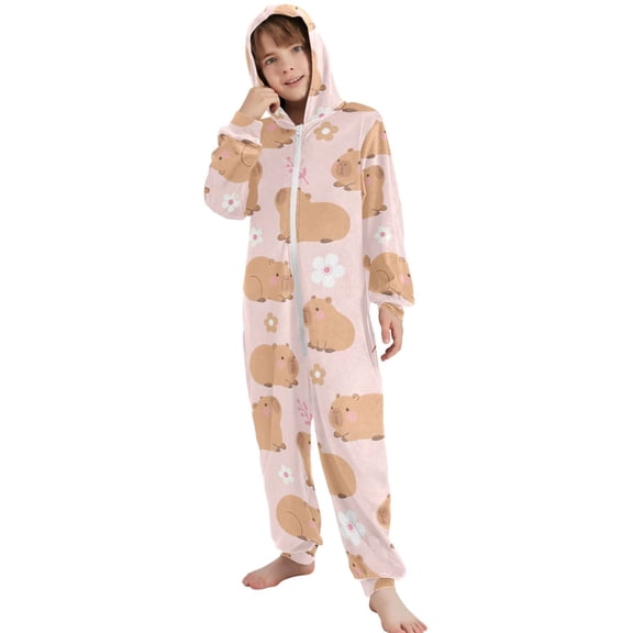 JOOGOO Capybara Floral Pattern Unisex Onesie Pajamas Jumpsuit Kids One-Piece Hooded Sleepwear 7-8T