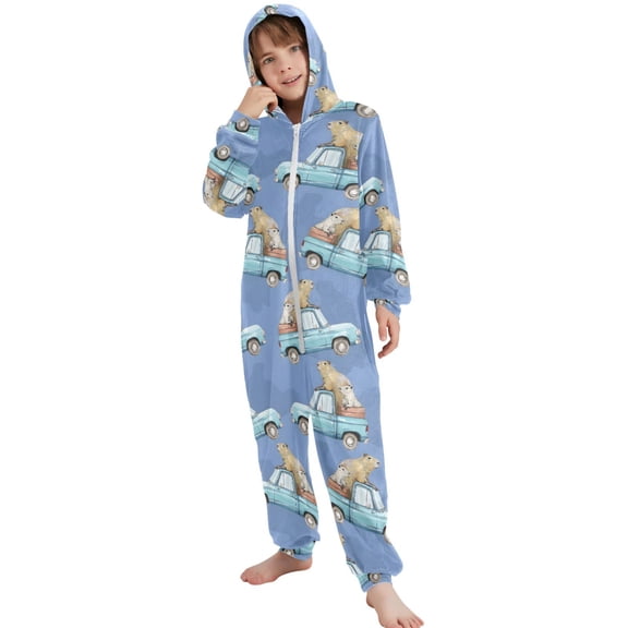 JOOGOO Capybara on Trucks Pattern Unisex Onesie Pajamas Jumpsuit Kids One-Piece Hooded Sleepwear 7-8T