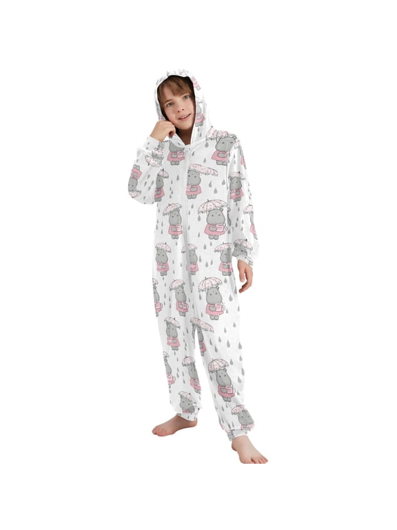 Cartoon Hippo in Rain Pattern Unisex Onesie Pajamas Jumpsuit Kids One-Piece Hooded Sleepwear 9-11Y