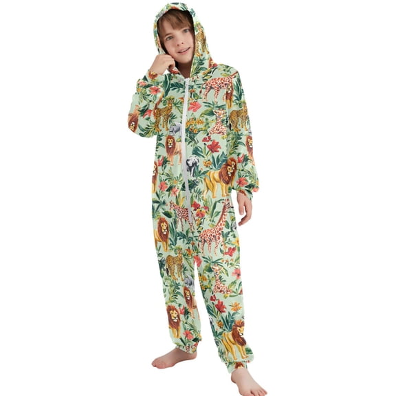 JOOGOO Cartoon Lions Animal Pattern Unisex Onesie Pajamas Jumpsuit Kids One-Piece Hooded Sleepwear 7-8T
