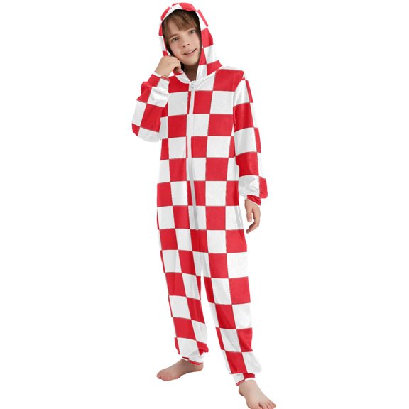 JOOGOO Checkered Grid-t9 Pattern Unisex Onesie Pajamas Jumpsuit Kids One-Piece Hooded Sleepwear 7-8T