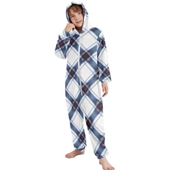 JOOGOO Checkered Plaid Pattern Pattern Unisex Onesie Pajamas Jumpsuit Kids One-Piece Hooded Sleepwear 7-8T