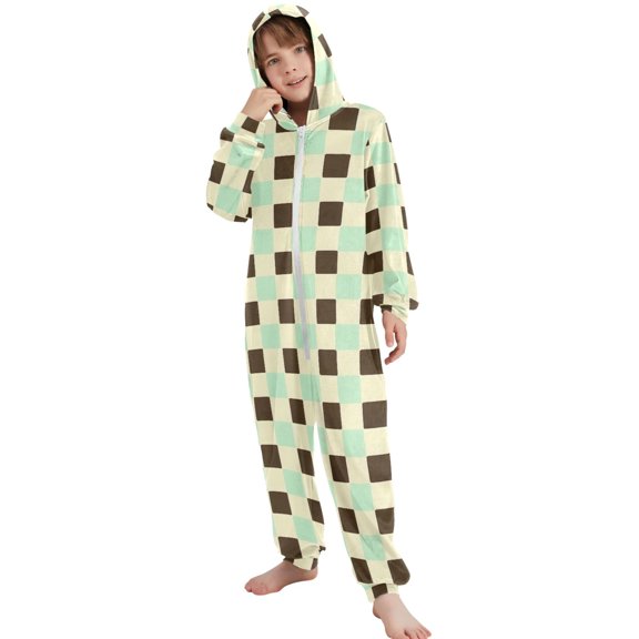 JOOGOO Checkered-h8 Pattern Unisex Onesie Pajamas Jumpsuit Kids One-Piece Hooded Sleepwear 7-8T