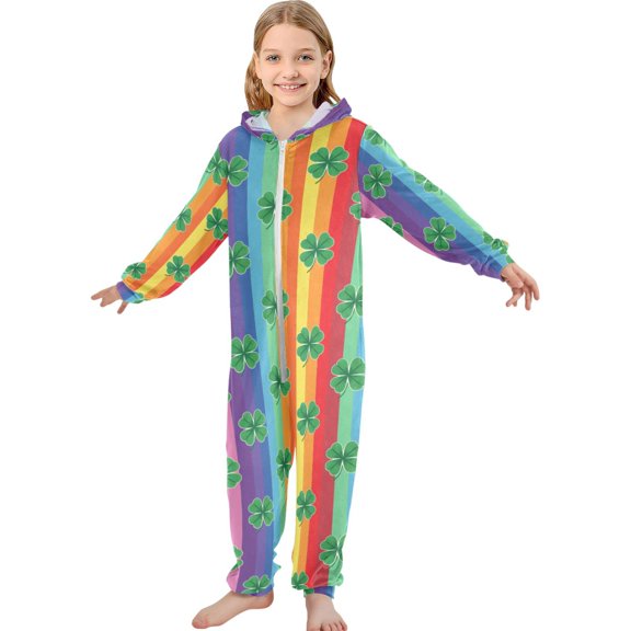 JOOGOO Clover Rainbow Stripes Pattern Unisex Onesie Pajamas Jumpsuit Kids One-Piece Hooded Sleepwear 7-8T