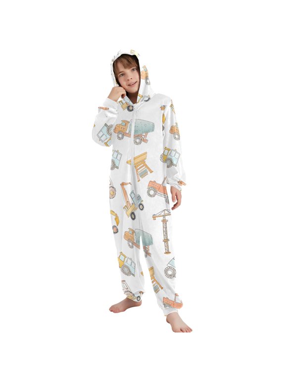 Construction Crane and Backhoe Pattern Unisex Onesie Pajamas Jumpsuit Kids One-Piece Hooded Sleepwear 12-13Y