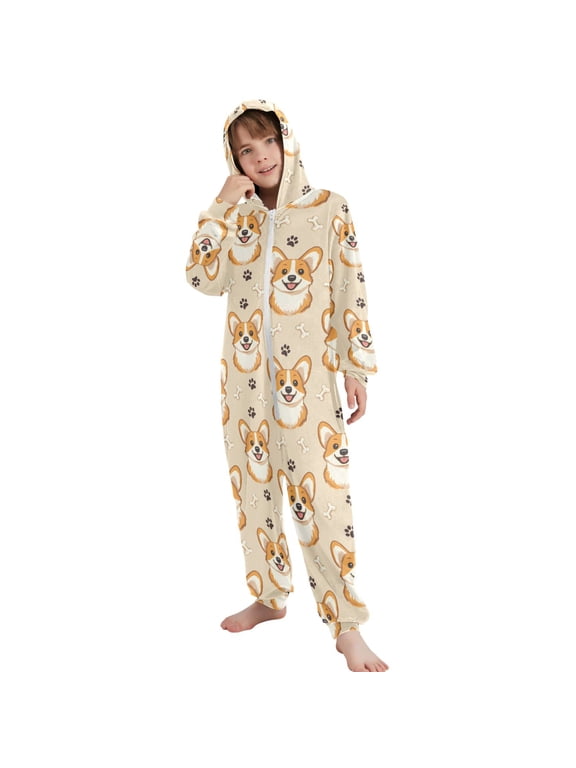 Cute Corgi Dog Bone Footprint Pattern Unisex Onesie Pajamas Jumpsuit Kids One-Piece Hooded Sleepwear 13-14Y