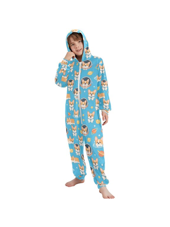 Cute Corgi Dog Space Pattern Unisex Onesie Pajamas Jumpsuit Kids One-Piece Hooded Sleepwear 7-8T