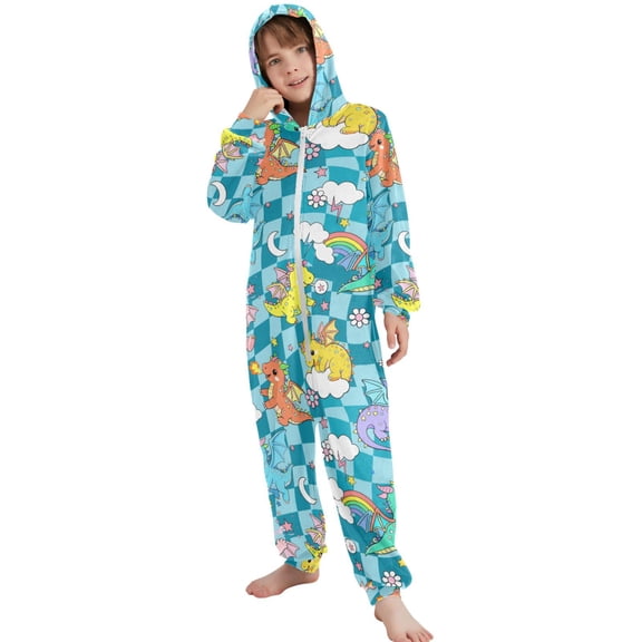 JOOGOO Cute Dragons Checkered Pattern Unisex Onesie Pajamas Jumpsuit Kids One-Piece Hooded Sleepwear 7-8T