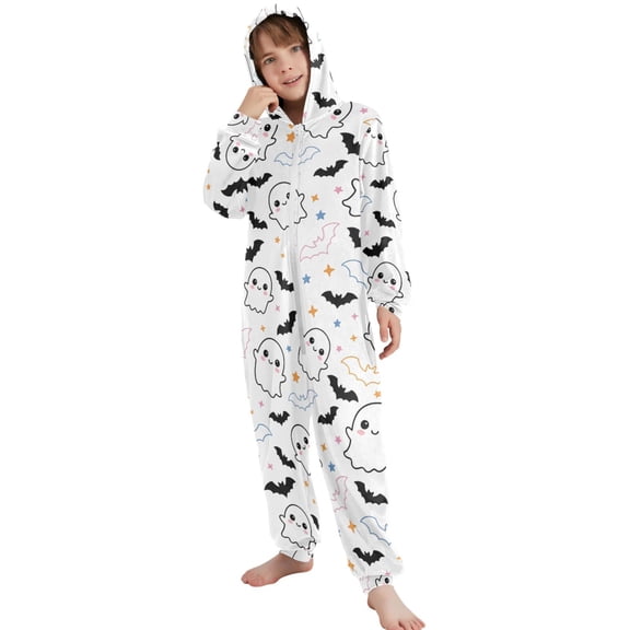 JOOGOO Cute Ghosts Bat Pattern Unisex Onesie Pajamas Jumpsuit Kids One-Piece Hooded Sleepwear 7-8T