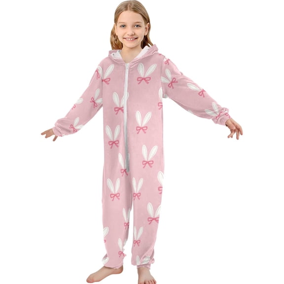 JOOGOO Cute Rabbit Bows Pattern Unisex Onesie Pajamas Jumpsuit Kids One-Piece Hooded Sleepwear 7-8T