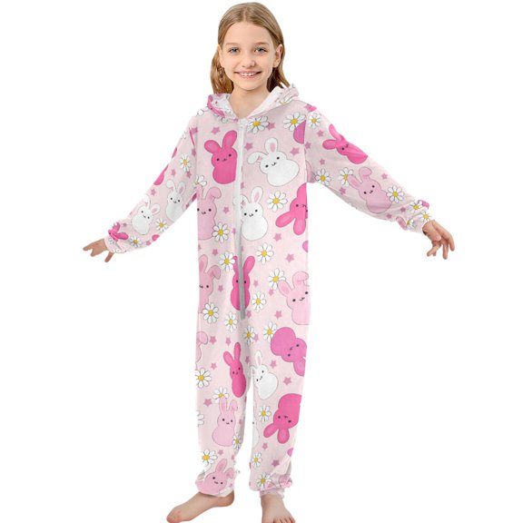 JOOGOO Cute Rabbit Daisy Floral Pattern Unisex Onesie Pajamas Jumpsuit Kids One-Piece Hooded Sleepwear 7-8T