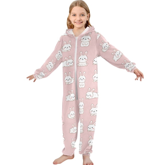 JOOGOO Cute Rabbits Pattern Unisex Onesie Pajamas Jumpsuit Kids One-Piece Hooded Sleepwear 7-8T
