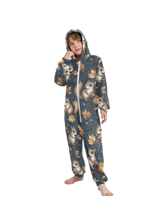 Cute Squirrels Pattern Unisex Onesie Pajamas Jumpsuit Kids One-Piece Hooded Sleepwear 7-8T