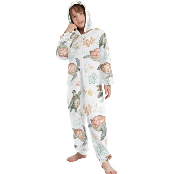 JOOGOO Cute Turtles Pattern Unisex Onesie Pajamas Jumpsuit Kids One-Piece Hooded Sleepwear 7-8T