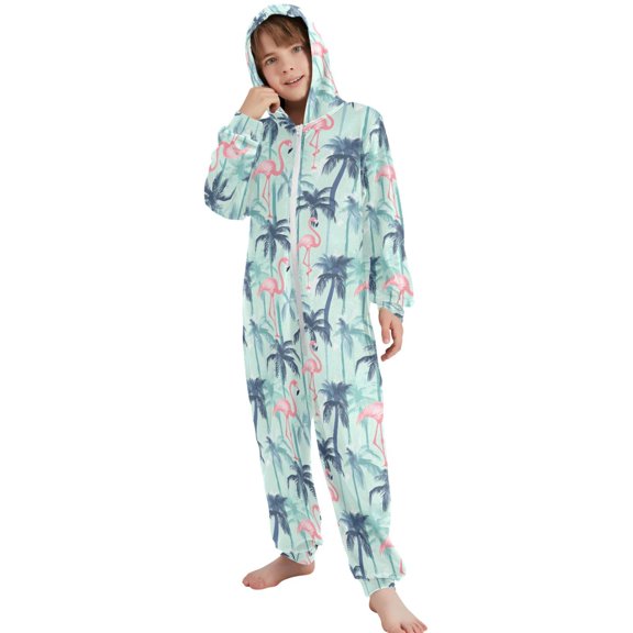 JOOGOO Flamingo Summer Palm Tree Pattern Unisex Onesie Pajamas Jumpsuit Kids One-Piece Hooded Sleepwear 7-8T