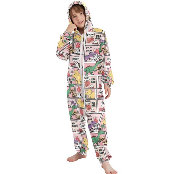 JOOGOO Funny Dinosaurs Cute Pattern Unisex Onesie Pajamas Jumpsuit Kids One-Piece Hooded Sleepwear 7-8T