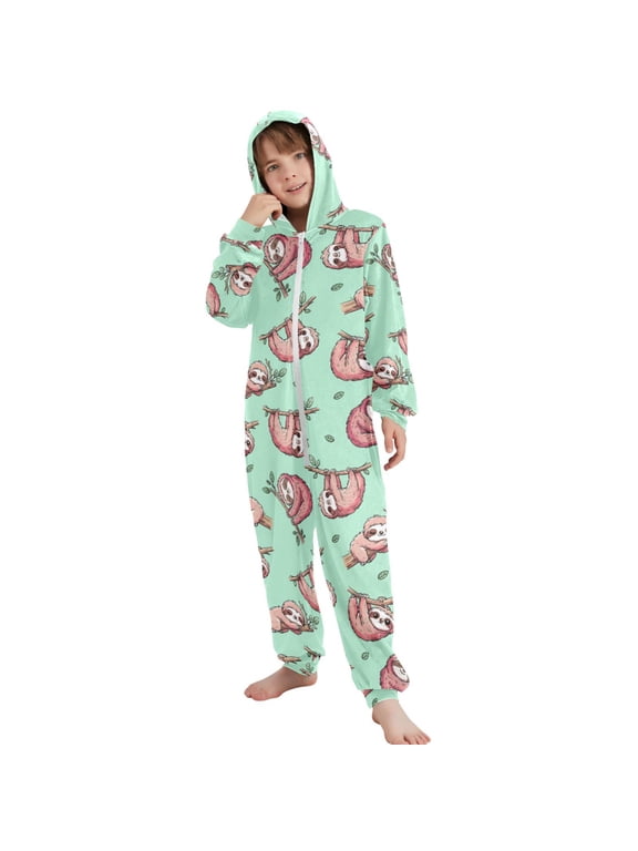 Funny Sloth Pattern Unisex Onesie Pajamas Jumpsuit Kids One-Piece Hooded Sleepwear 7-8T