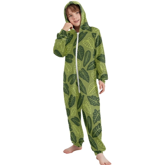 JOOGOO Hawaii Tropical Leaves Pattern Unisex Onesie Pajamas Jumpsuit Kids One-Piece Hooded Sleepwear 7-8T