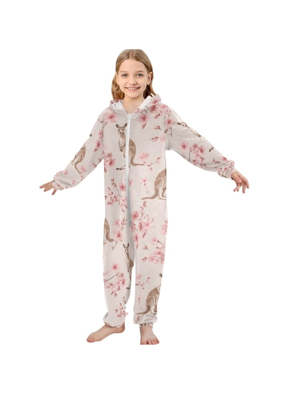 Kangaroo Cherry Flower Pattern Unisex Onesie Pajamas Jumpsuit Kids One-Piece Hooded Sleepwear 13-14Y