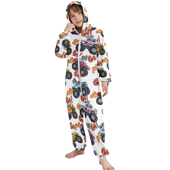 JOOGOO Monster Trucks Pattern Unisex Onesie Pajamas Jumpsuit Kids One-Piece Hooded Sleepwear 7-8T