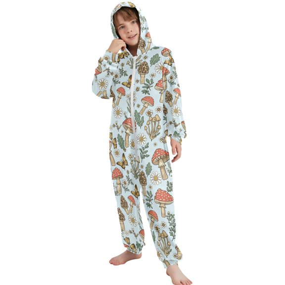 JOOGOO Mushroom Daisy Floral Pattern Unisex Onesie Pajamas Jumpsuit Kids One-Piece Hooded Sleepwear 7-8T