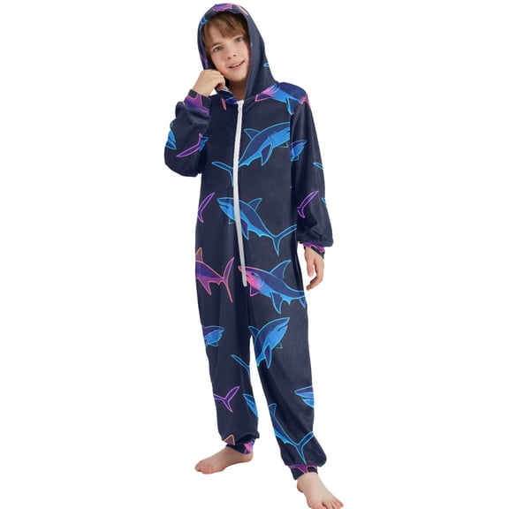 JOOGOO Neon Sharks Swimming Pattern Unisex Onesie Pajamas Jumpsuit Kids One-Piece Hooded Sleepwear 7-8T