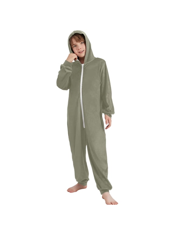 Olive Green Pattern Unisex Onesie Pajamas Jumpsuit Kids One-Piece Hooded Sleepwear 9-11Y