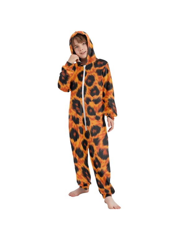 Orange Leopards Print Pattern Unisex Onesie Pajamas Jumpsuit Kids One-Piece Hooded Sleepwear 7-8T