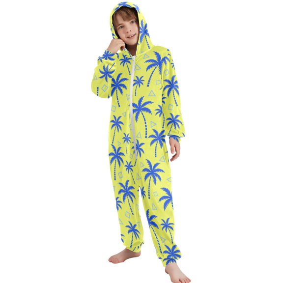 JOOGOO Palm Tree Tropical Pattern Unisex Onesie Pajamas Jumpsuit Kids One-Piece Hooded Sleepwear 7-8T