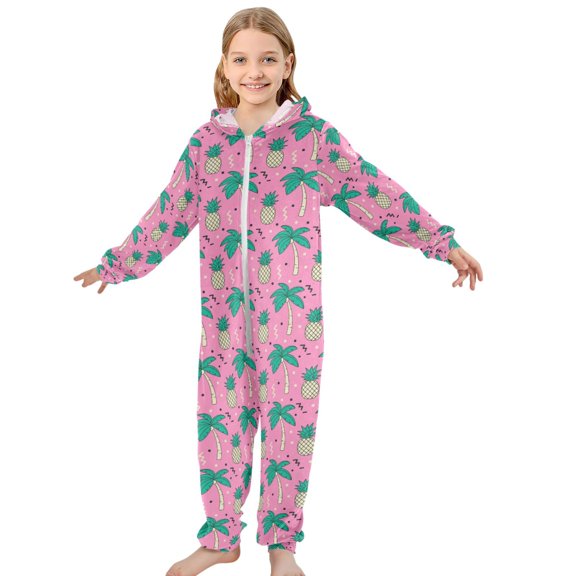 JOOGOO Pineapple Palm Trees Pattern Unisex Onesie Pajamas Jumpsuit Kids One-Piece Hooded Sleepwear 7-8T