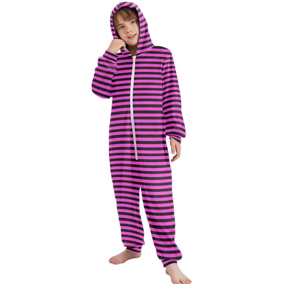 JOOGOO Pink Stripes Pattern Unisex Onesie Pajamas Jumpsuit Kids One-Piece Hooded Sleepwear 7-8T