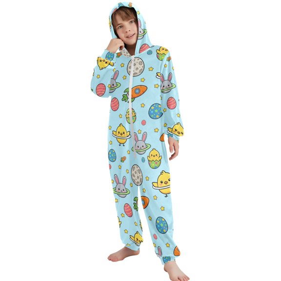 JOOGOO Rabbit Chicken Outer Space Pattern Unisex Onesie Pajamas Jumpsuit Kids One-Piece Hooded Sleepwear 7-8T