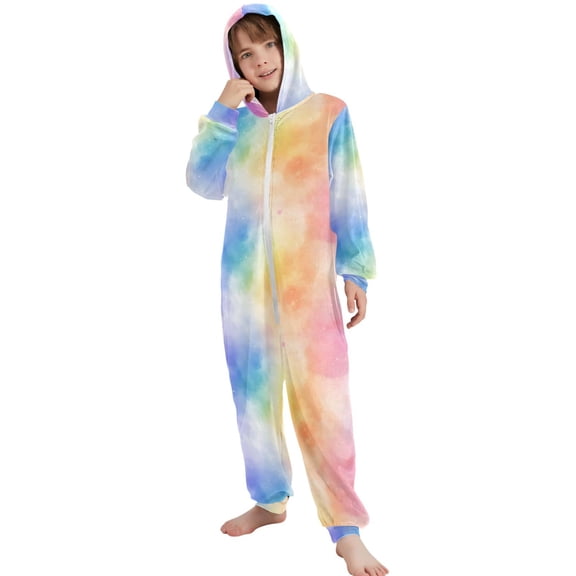 JOOGOO Rainbow Tie Dye-a2 Pattern Unisex Onesie Pajamas Jumpsuit Kids One-Piece Hooded Sleepwear 7-8T