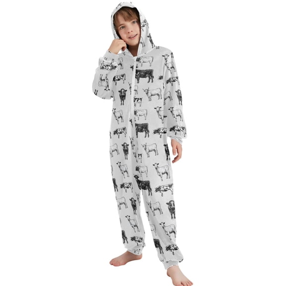 JOOGOO Retro Highland Cows Pattern Unisex Onesie Pajamas Jumpsuit Kids One-Piece Hooded Sleepwear 7-8T