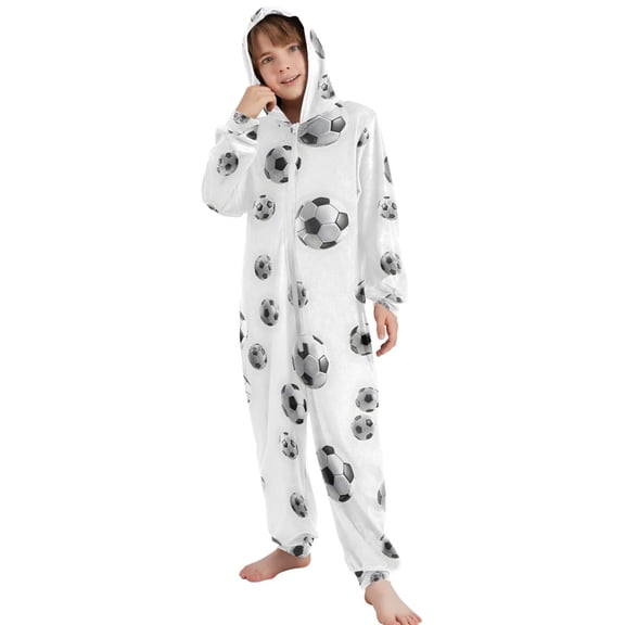 JOOGOO Soccer Football Pattern Unisex Onesie Pajamas Jumpsuit Kids One-Piece Hooded Sleepwear 7-8T