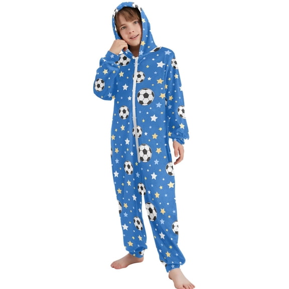 JOOGOO Soccer Star Footballs Pattern Unisex Onesie Pajamas Jumpsuit Kids One-Piece Hooded Sleepwear 7-8T