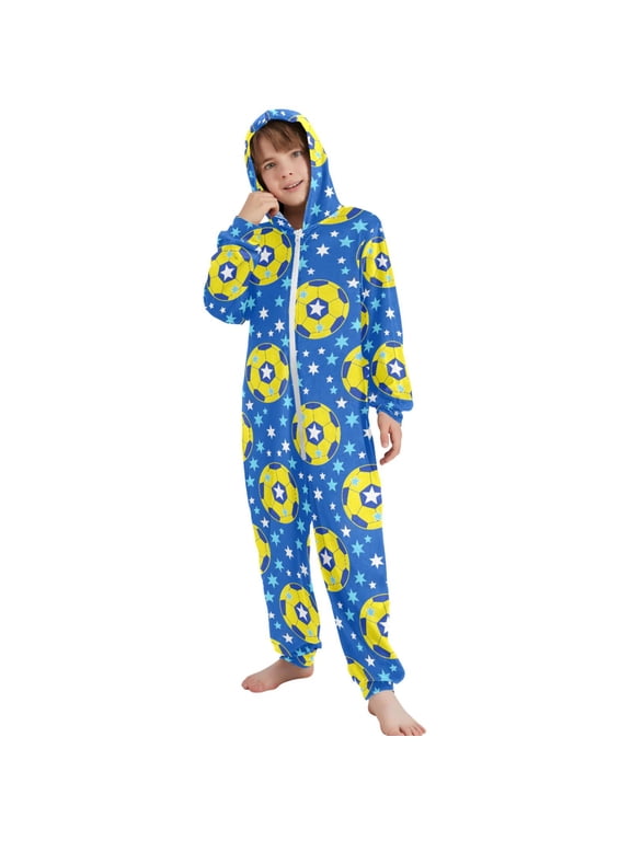 Soccer Star Footballs Pattern Unisex Onesie Pajamas Jumpsuit Kids One-Piece Hooded Sleepwear 9-11Y