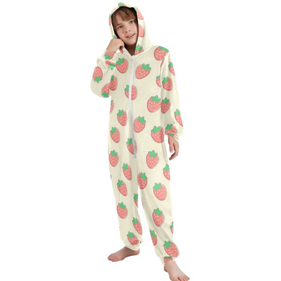 JOOGOO Strawberry Cute Pattern Unisex Onesie Pajamas Jumpsuit Kids One-Piece Hooded Sleepwear 7-8T