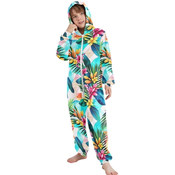 JOOGOO Tropical Hawaiian Pattern Unisex Onesie Pajamas Jumpsuit Kids One-Piece Hooded Sleepwear 7-8T