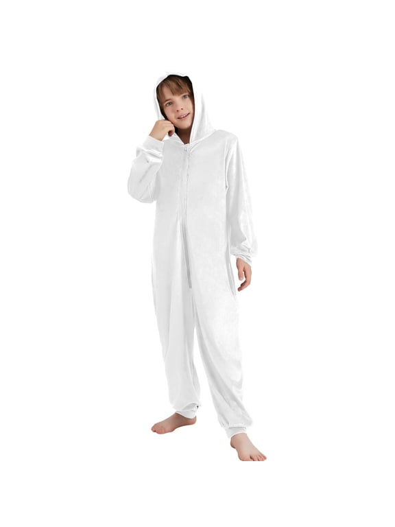 White Pattern Unisex Onesie Pajamas Jumpsuit Kids One-Piece Hooded Sleepwear 9-11Y