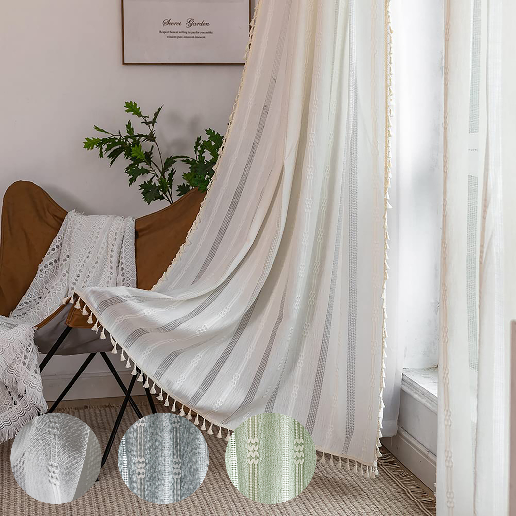 Bohemian Cotton Linen Curtains with Tassels Geometric Print Farmhouse Boho Window Curtains for ...