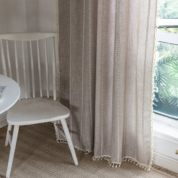 JOOJA 2 Panels Embroidery Boho Linen Window Curtains for Living Room, Brown 55" W x 84" L