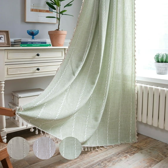 JOOJA 2 Panels Embroidery Boho Linen Window Curtains for Living Room,Green 55" W x 63" L