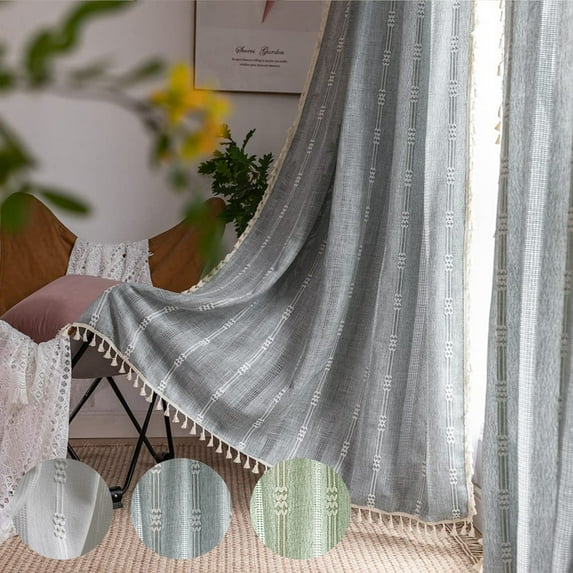 JOOJA 2 Panels Set Curtains Embroidery Boho Cotton Linen Window Curtains for Bedroom, Living Room, Blue 55" W x 63"L