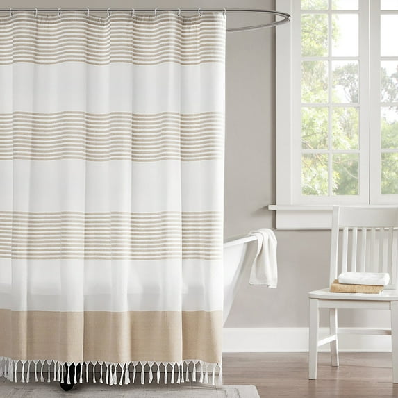 JOOJA Boho Shower Curtain with Tassel Farmhouse Stripe Bathroom Curtains, Beige, 72x72 inch