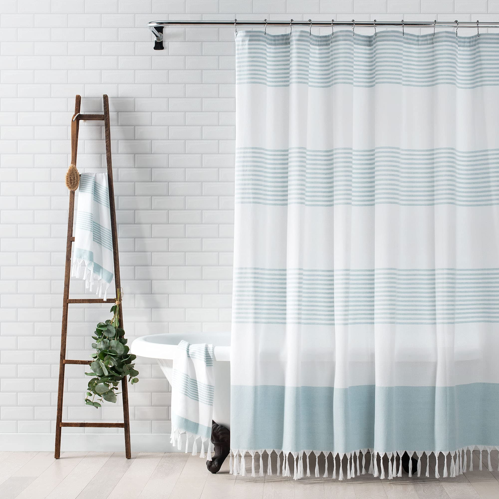 JOOJA Boho Tassel Shower Curtain, Farmhouse Stripe, Modern Fabric, Blue