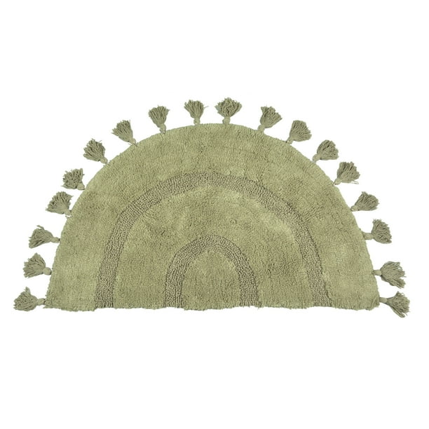 JOOJA Half Circle Cotton Handmade Woven Non Slip Boho Bathroom Rug with Tassels, Green, 20"x32