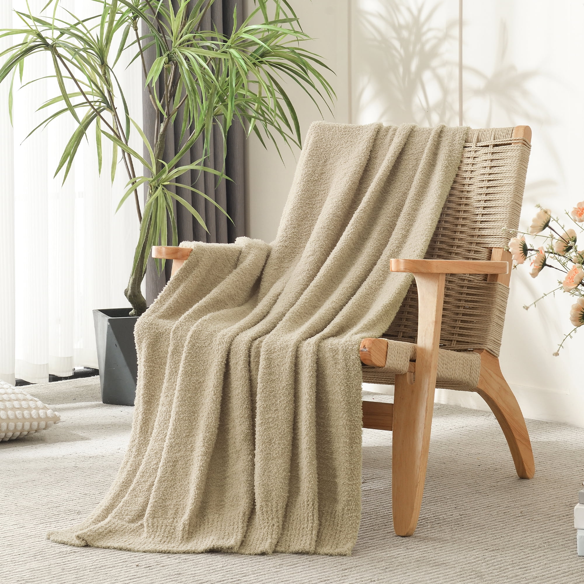 JOOJA 50x70 Inch Reversible Throw Blanket - Soft Fuzzy & Cotton Muslin, Taupe, For Couch Or Bed