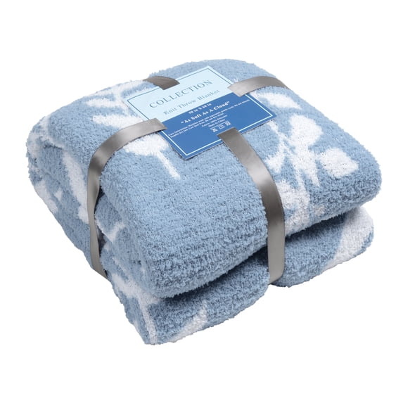 JOOJA Knit Throw Blanket Super Soft Cozy Leaf Blanket for Bed Couch, 50"x60", Blue