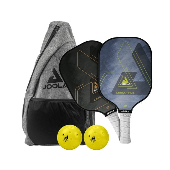 JOOLA Essentials Pickleball Set- 2 Paddles, 2 Balls, Sling Bag, 2.2 lbs., Fiberglass,Black and Blue